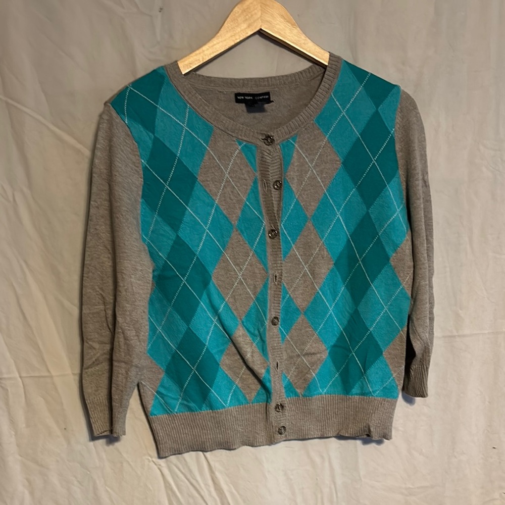 New York & Company Tan Cardigan with Teal Accents